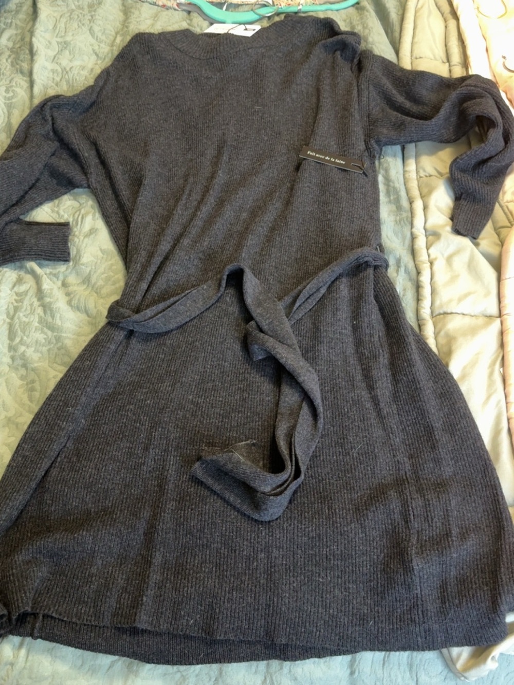 Knit Tie-Waist Sweater Dress in Charcoal